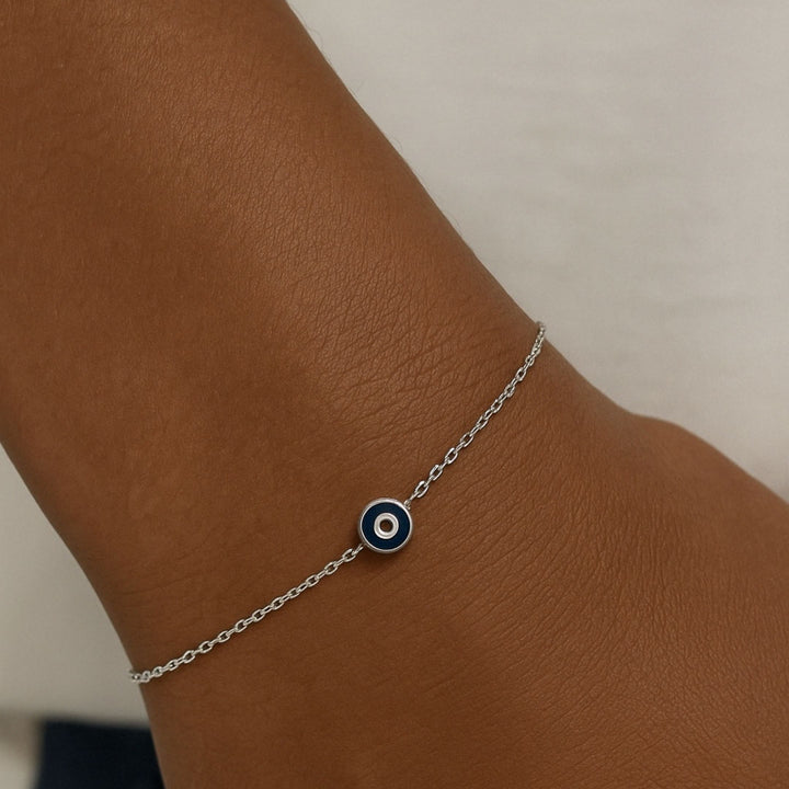 Sterling Silver Dainty Evil Eye Charm Bracelet, Silver