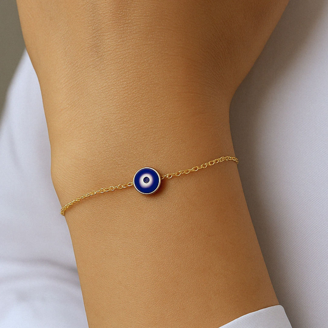 Sterling Silver Dainty Evil Eye Charm Bracelet, Gold