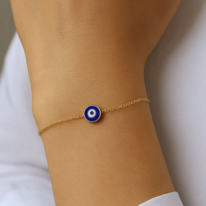Sterling Silver Dainty Evil Eye Charm Bracelet, Gold