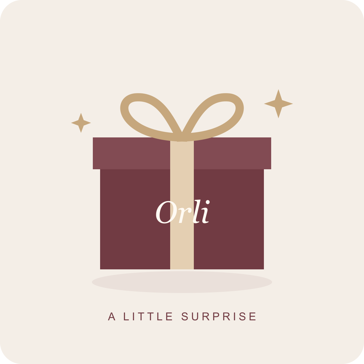 Orli mystery gift illustration with burgundy gift box and gold ribbon