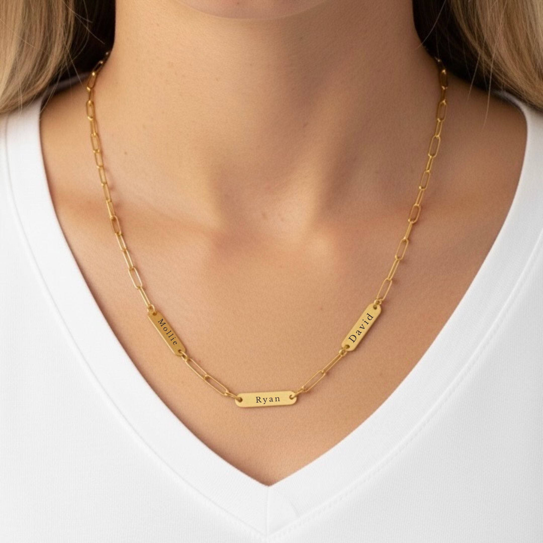 Paperclip Chain Multi Name Necklace in Gold