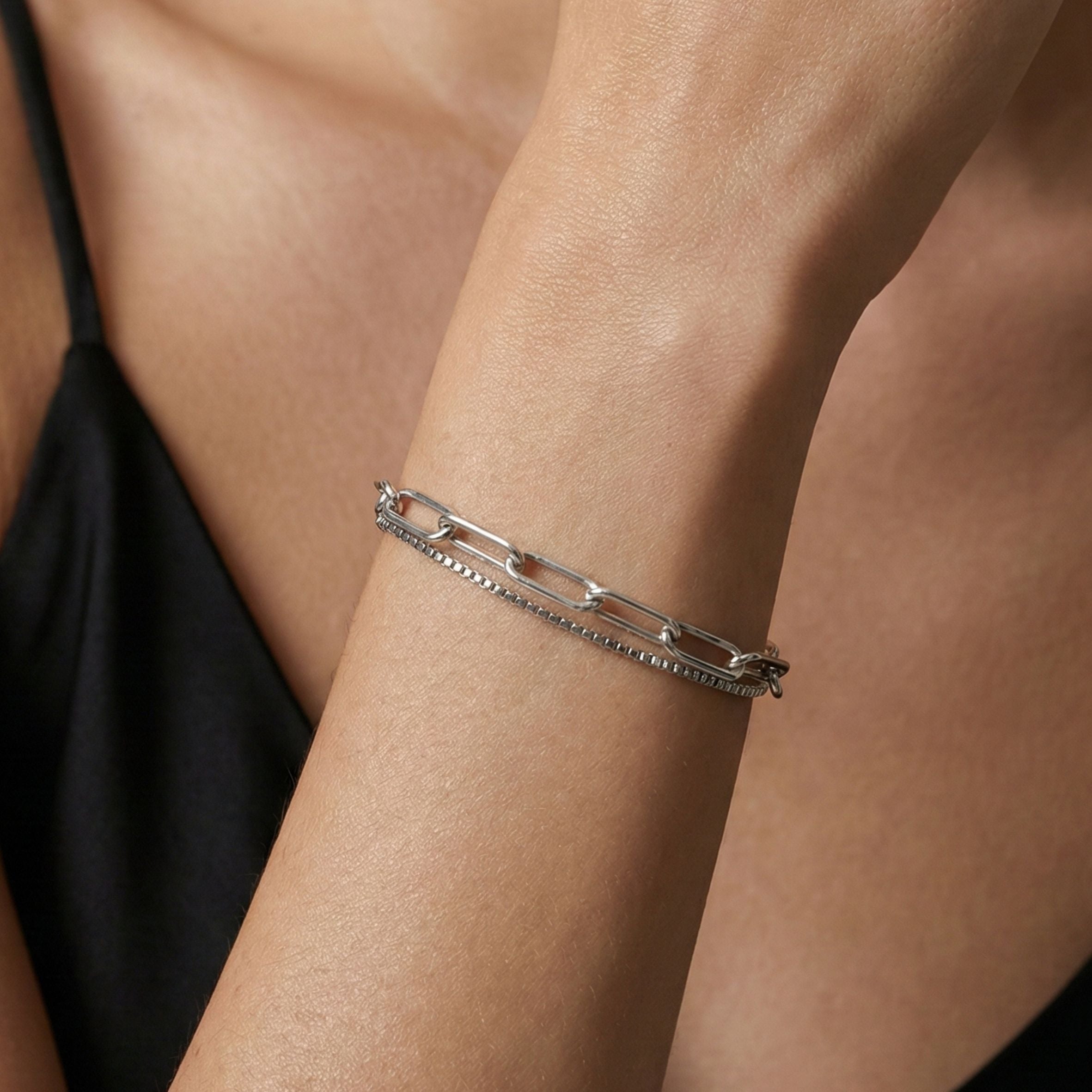 Paperclip & Fine Chain Layered Bracelet in Silver