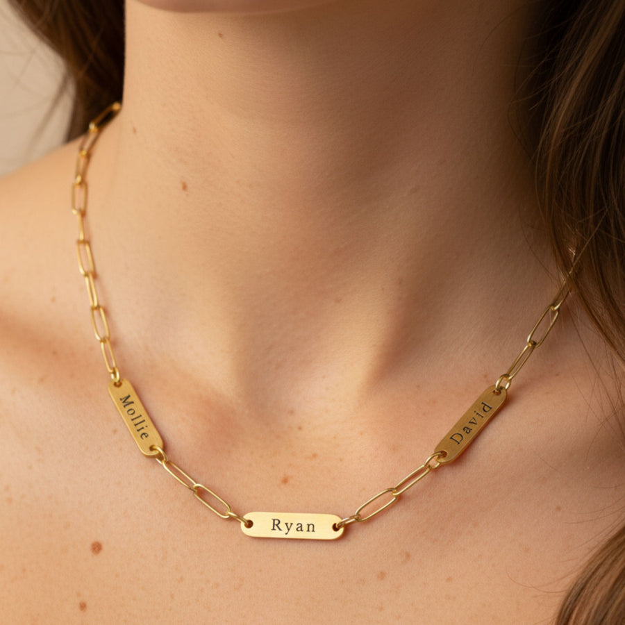 Paperclip Chain Multi Name Necklace in Gold