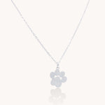 Silver paw print necklace in stainless steel – waterproof & tarnish-free.