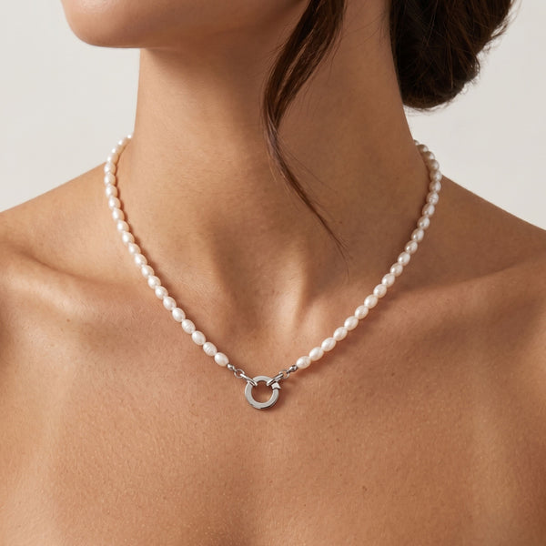 Freshwater Pearl Charm Connector Necklace in Silver
