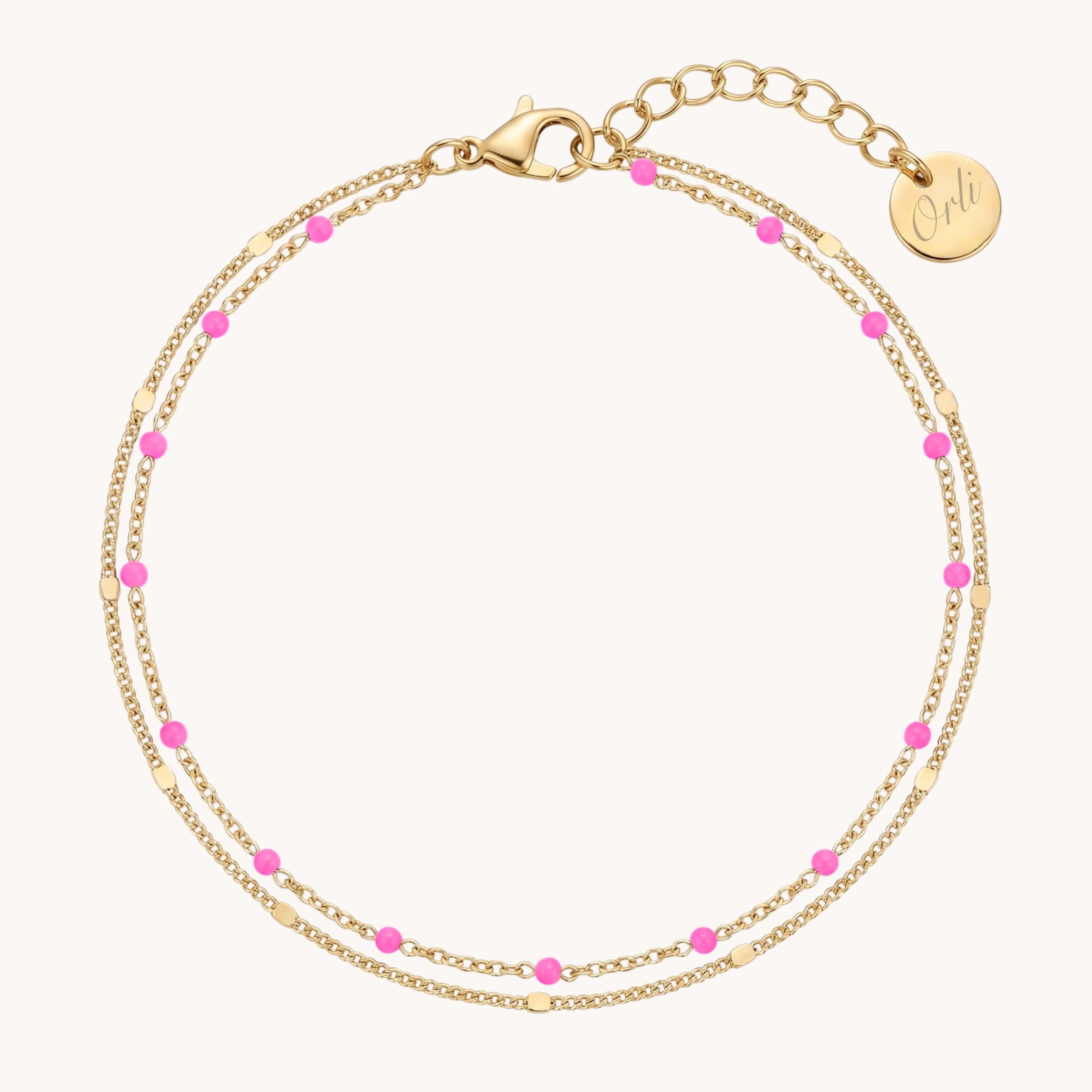 Pink Beaded Double Chain Anklet in Gold