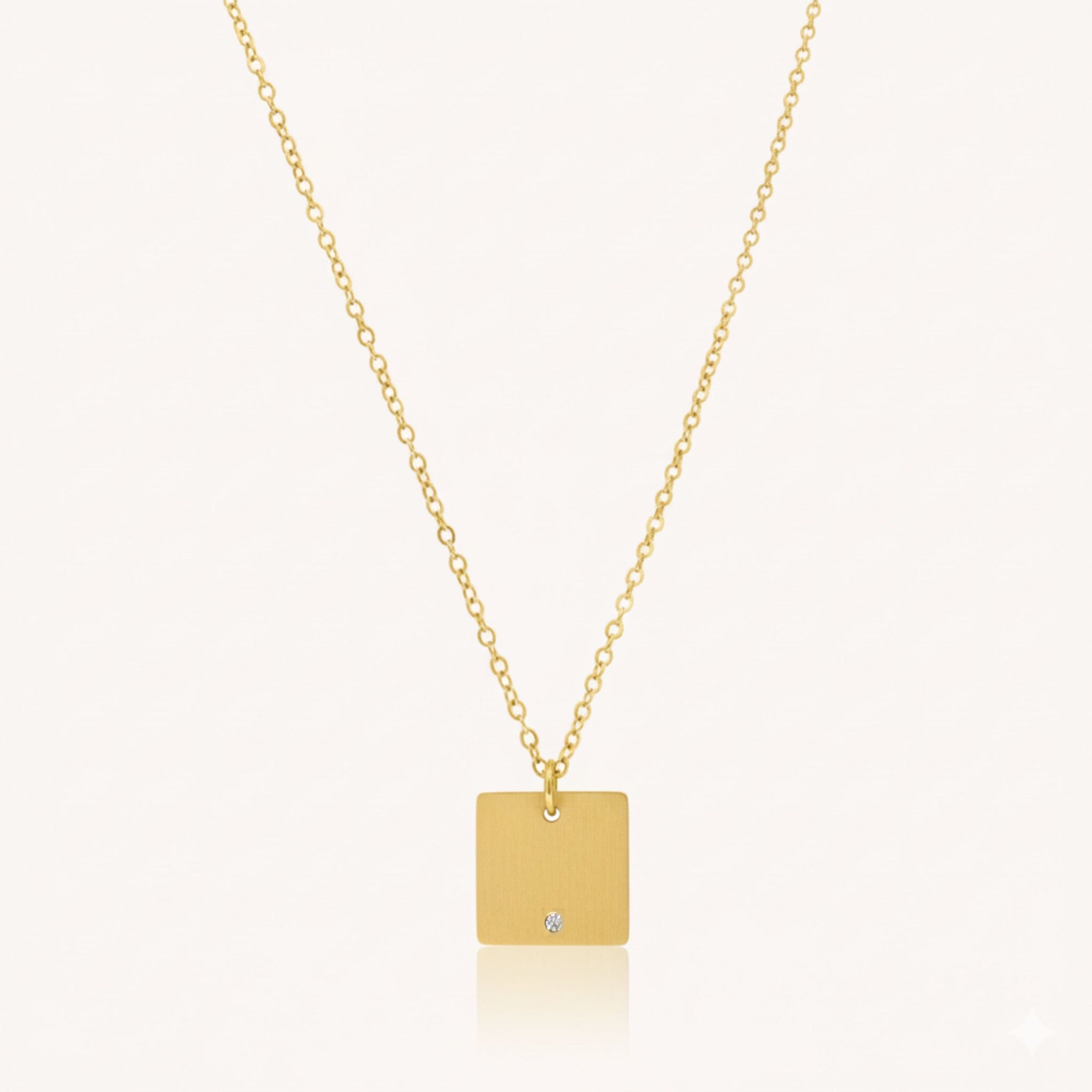 Gold square pendant necklace with CZ detail in 18k gold-plated stainless steel – waterproof & tarnish-free.