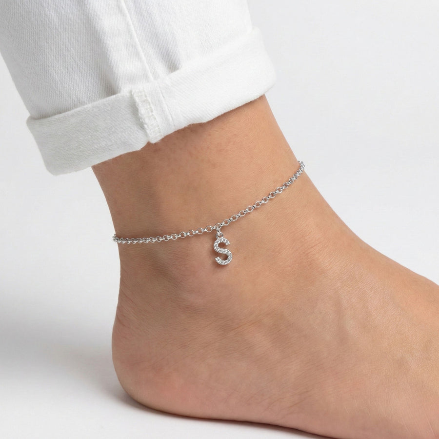 Sterling Silver Crystal Initial Anklet