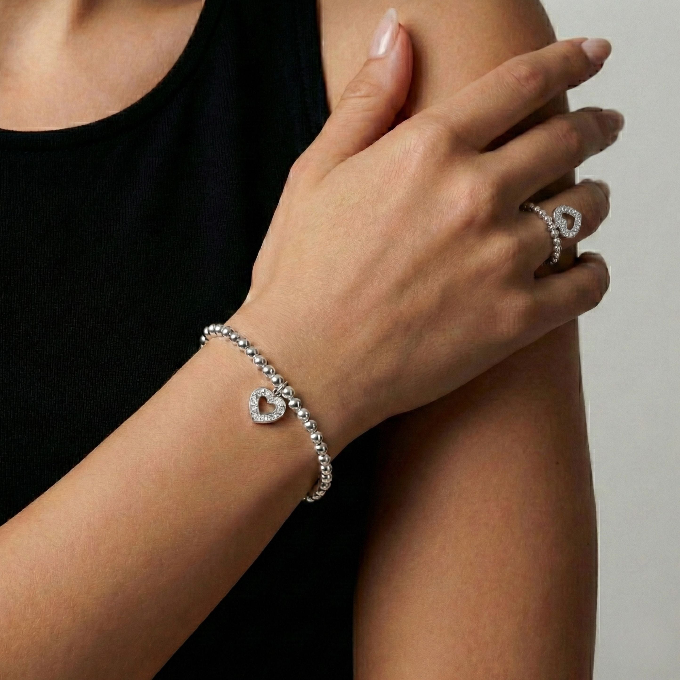 Sterling Silver Olivia Crystal Heart Beads Ring