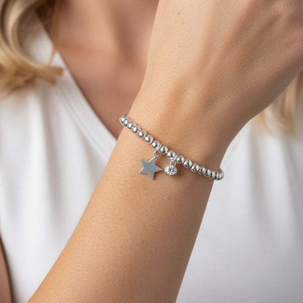 Sterling Silver Star and Birthstone Beads Bracelet in Silver