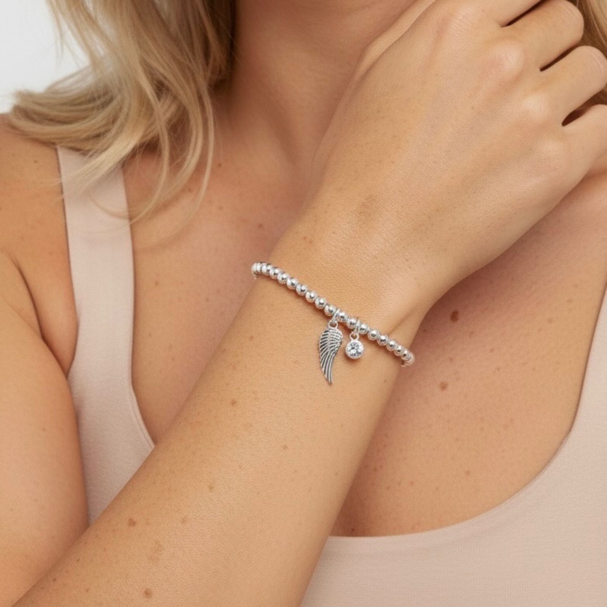 Sterling Silver Angel Wing & Birthstone Beads Bracelet
