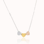 Triple heart necklace in mixed metals – silver, gold and rose stainless steel – waterproof & tarnish-free.