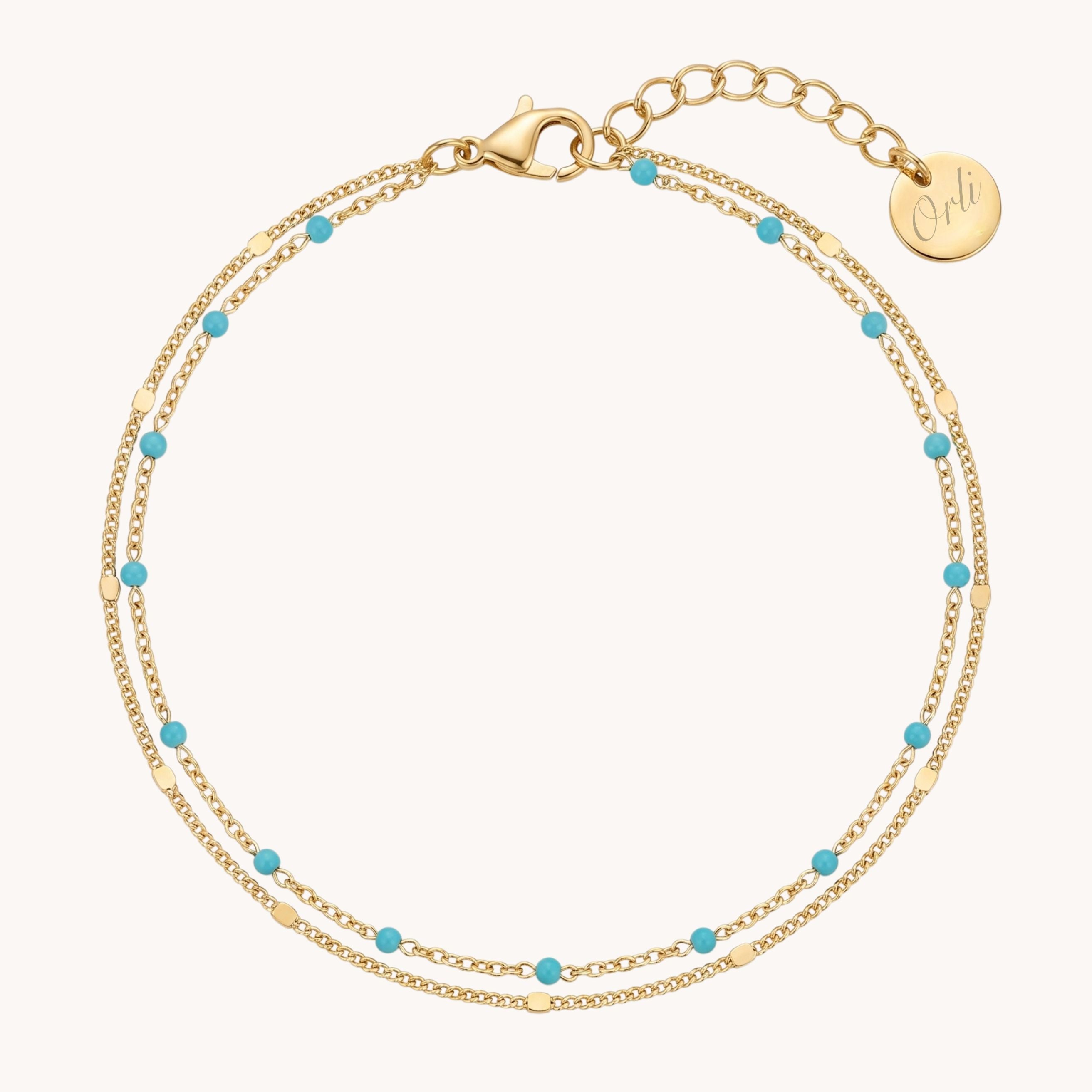 Turquoise Beaded Double Chain Anklet in Gold