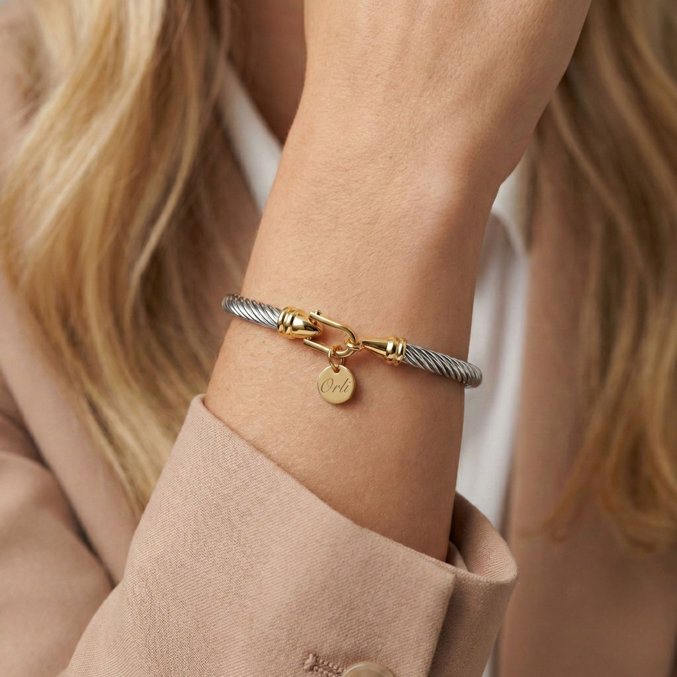 Push Lock Bangle Twist Lock Bangle, Silver & Gold – Orli Jewellery