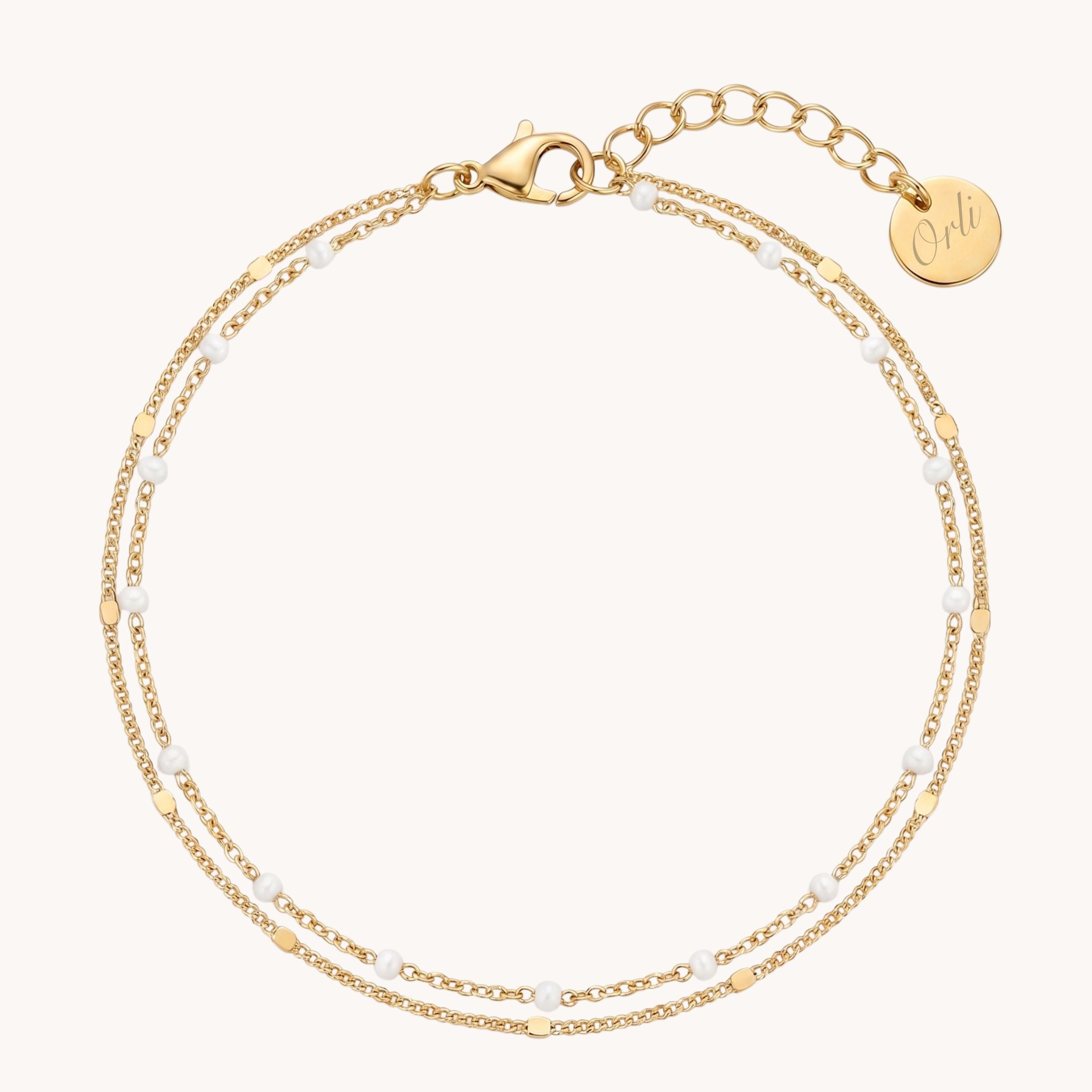 White Beaded Double Chain Anklet in Gold