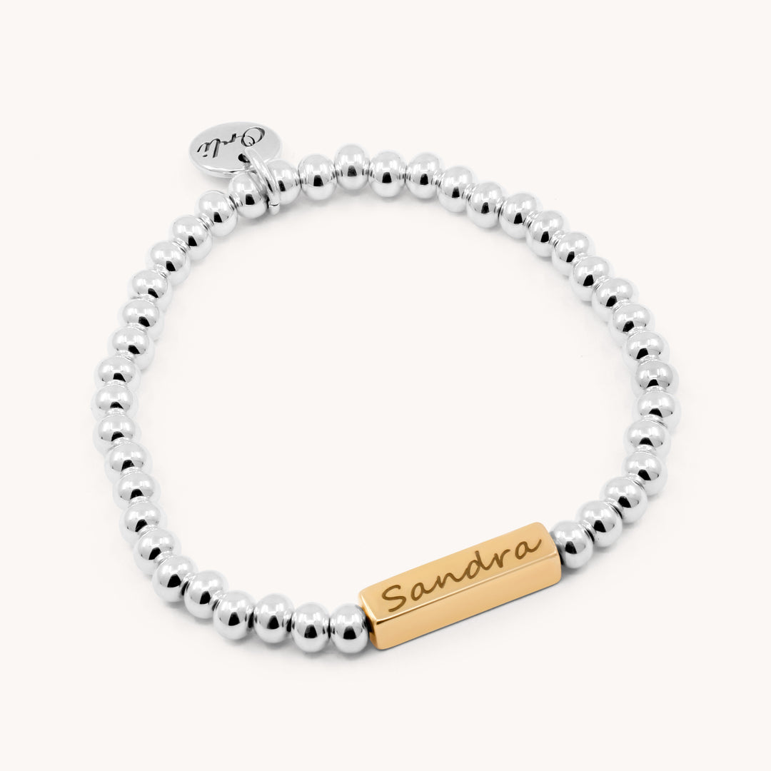 Zara Engravable Bar Personalised Beads Bracelet, Silver & Gold