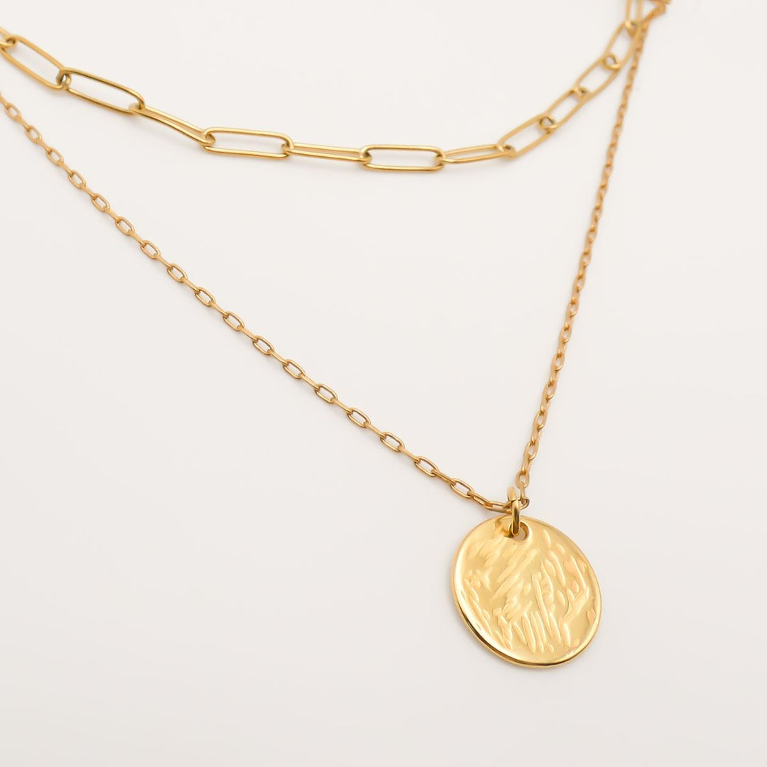 Paperclip and Hammered disc Layering Necklace, Gold