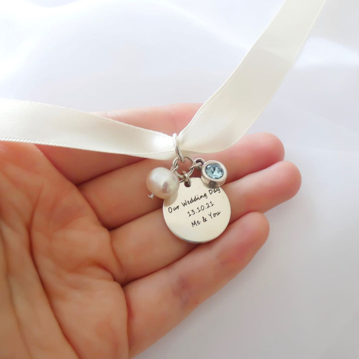 Bridal Bouquet Ribbon & Charm -Engraved Disc