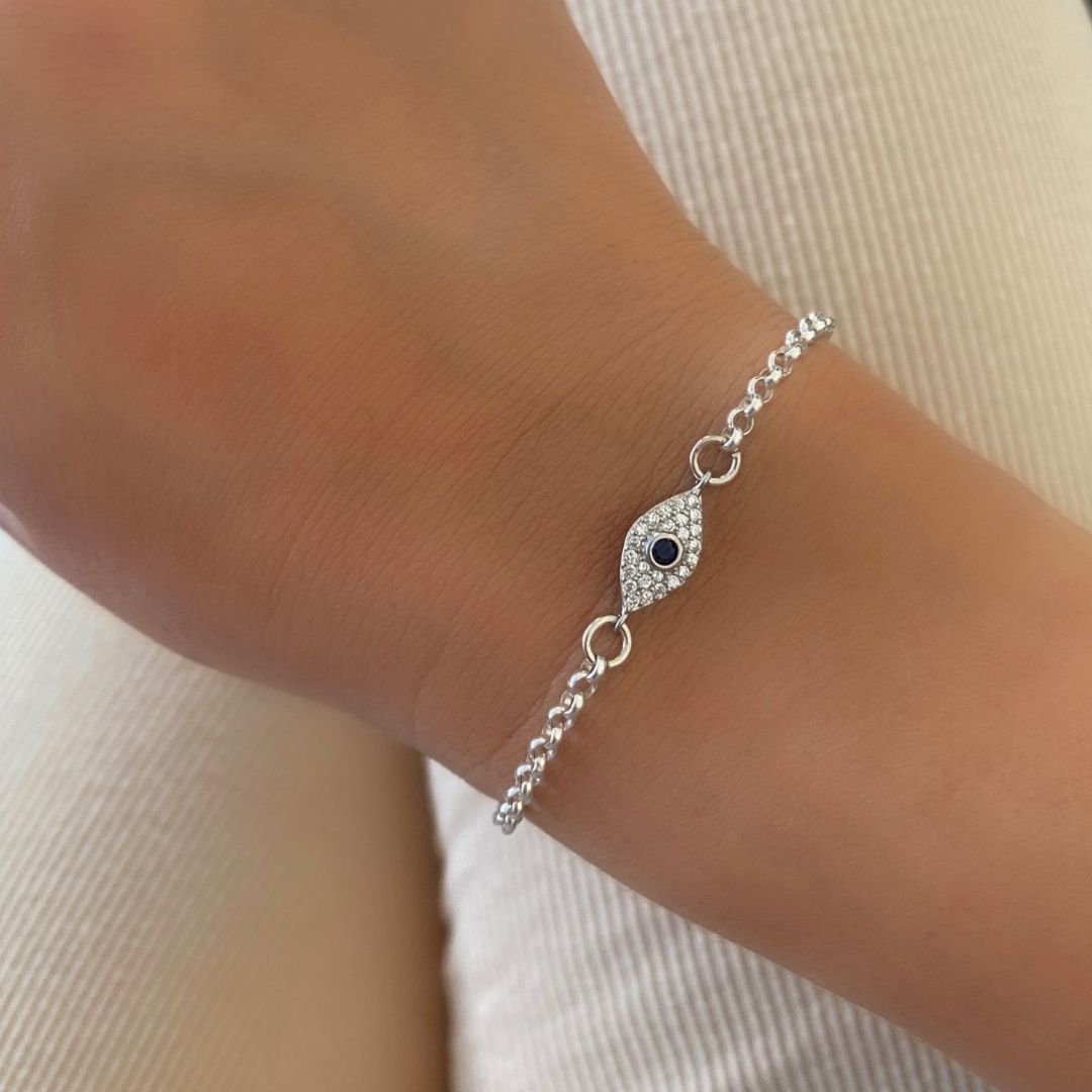 Sterling Silver Crystal Evil Eye Connector Bracelet